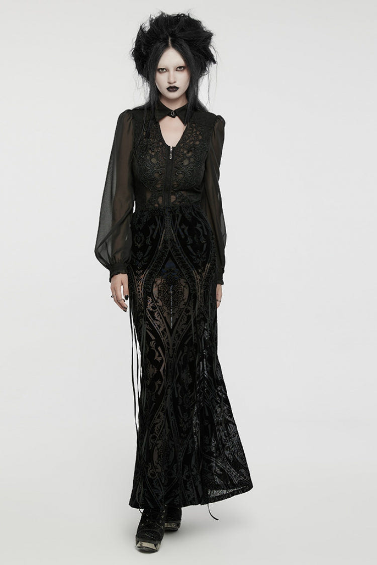 Black Embroidery Lace-Up Sheer Mesh Women's Gothic Skirt - Product - 4