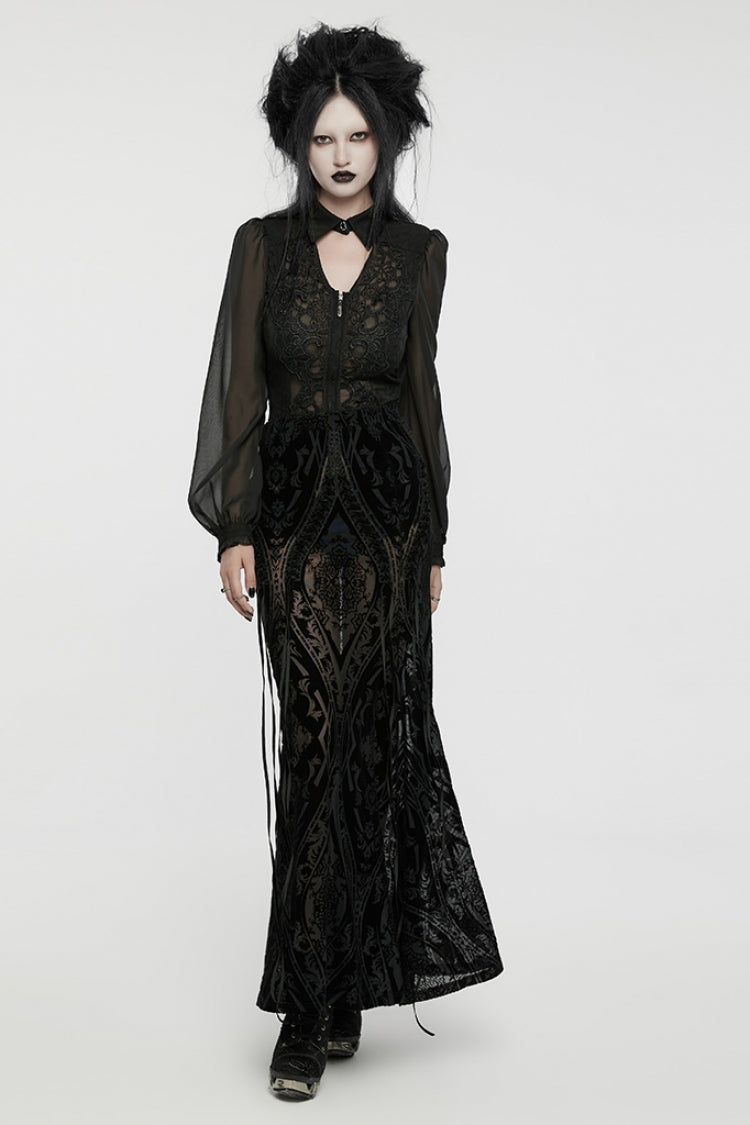 Black Embroidery Lace-Up Sheer Mesh Women's Gothic Skirt - Product - 4