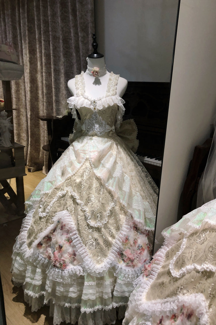 [The Glass Ball of Misty Isle] Multi-Layered Ruffled Hanayome Embroidered Sweet Plus Size Lolita Dress Set 5 Colors (White, Yellow, Purple, Green, Pink) - Yellow(Set) - 11