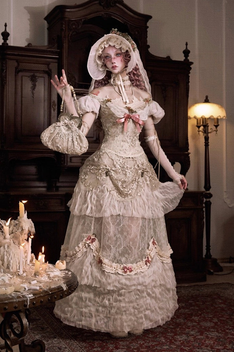 Light Brown [Cupid’s Poetry Box] Ruffle Embroidery Bowknot Lace Classic Elegant Lolita Long Skirt - Product - 6