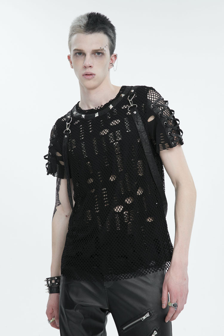 Black Half Hollow Shoulder Tie Design Men's Punk T-Shirt - Product - 2