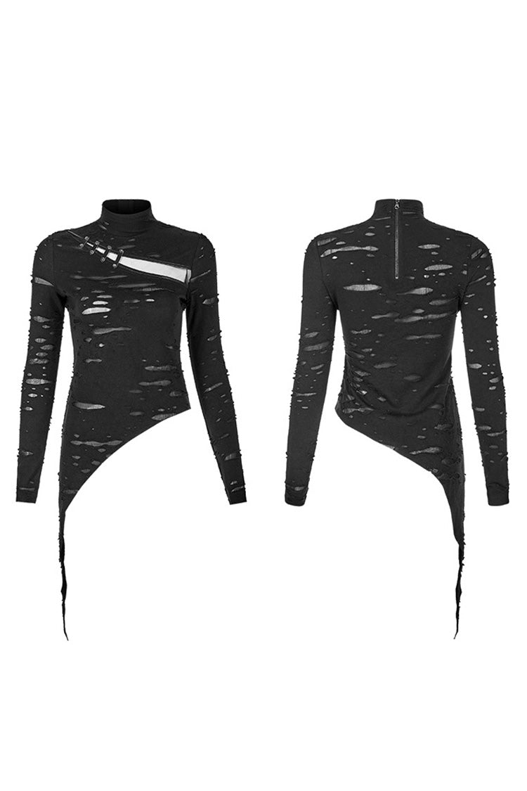Black Long Sleeve High Collar Front Chest Hollow Out Strap Irregular Hem Broken Holes Splice Mesh Women's Punk T-Shirt - Product - 5