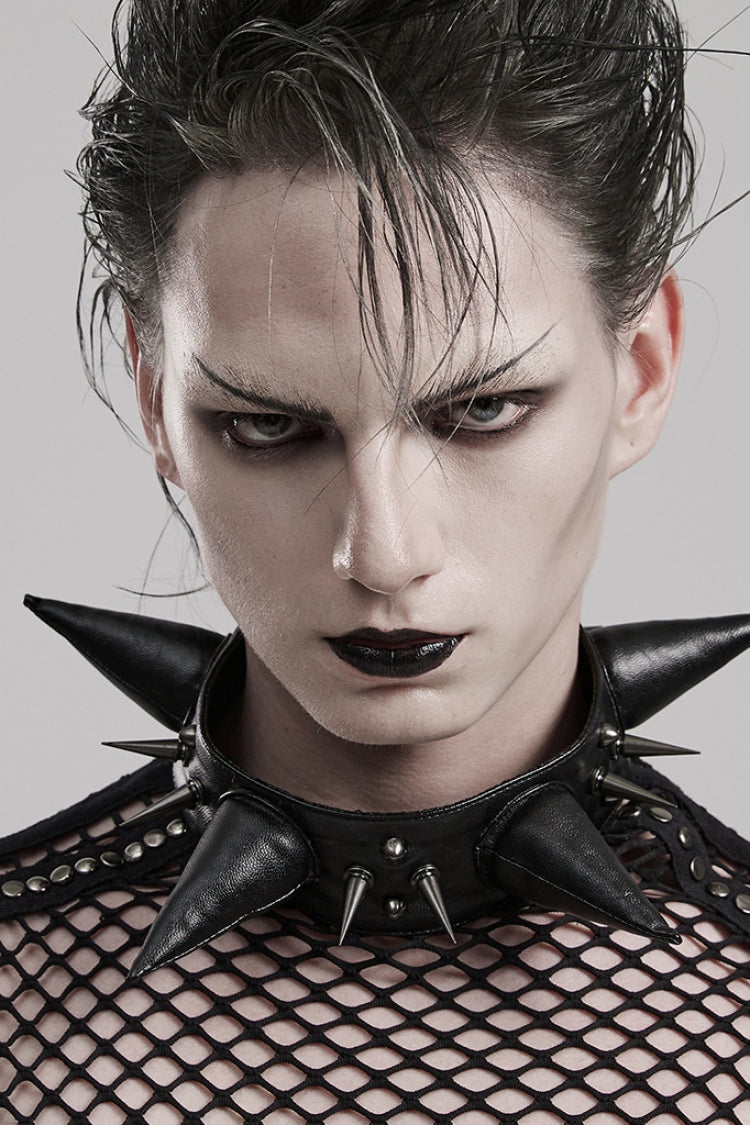 Black Cracked Leather Metal Nail Decoration Men's Steampunk Pointed Choker - Product - 2