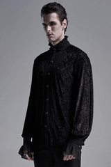 Black High Collar Lantern Sleeve Front Metal Retro Button Flounce Cuff Velveteen Knit Men's Gothic Shirt - Product - 2
