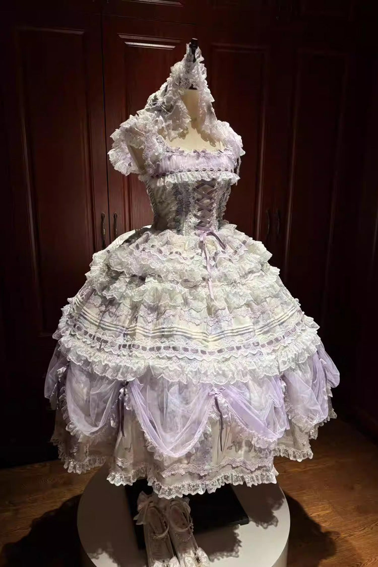 Purple [Wisteria] Sleeveless Multi-Layered Hanayome Bow Lace Lace-Up Sweet Gorgeous Lolita Jsk Dress Set - Product - 5