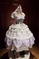Purple [Wisteria] Sleeveless Multi-Layered Hanayome Bow Lace Lace-Up Sweet Gorgeous Lolita Jsk Dress Set - Product - 5