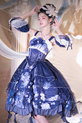 Blue [Deep Sea Jellyfish] Print Ruffle Lace Sweet Elegant Lolita Jsk Dress - Blue - 1