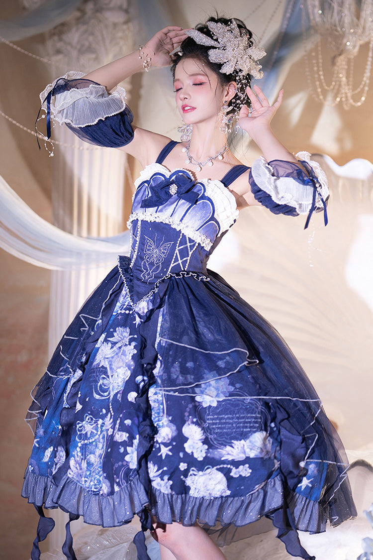 Blue [Deep Sea Jellyfish] Print Ruffle Lace Sweet Elegant Lolita Jsk Dress - Blue - 1