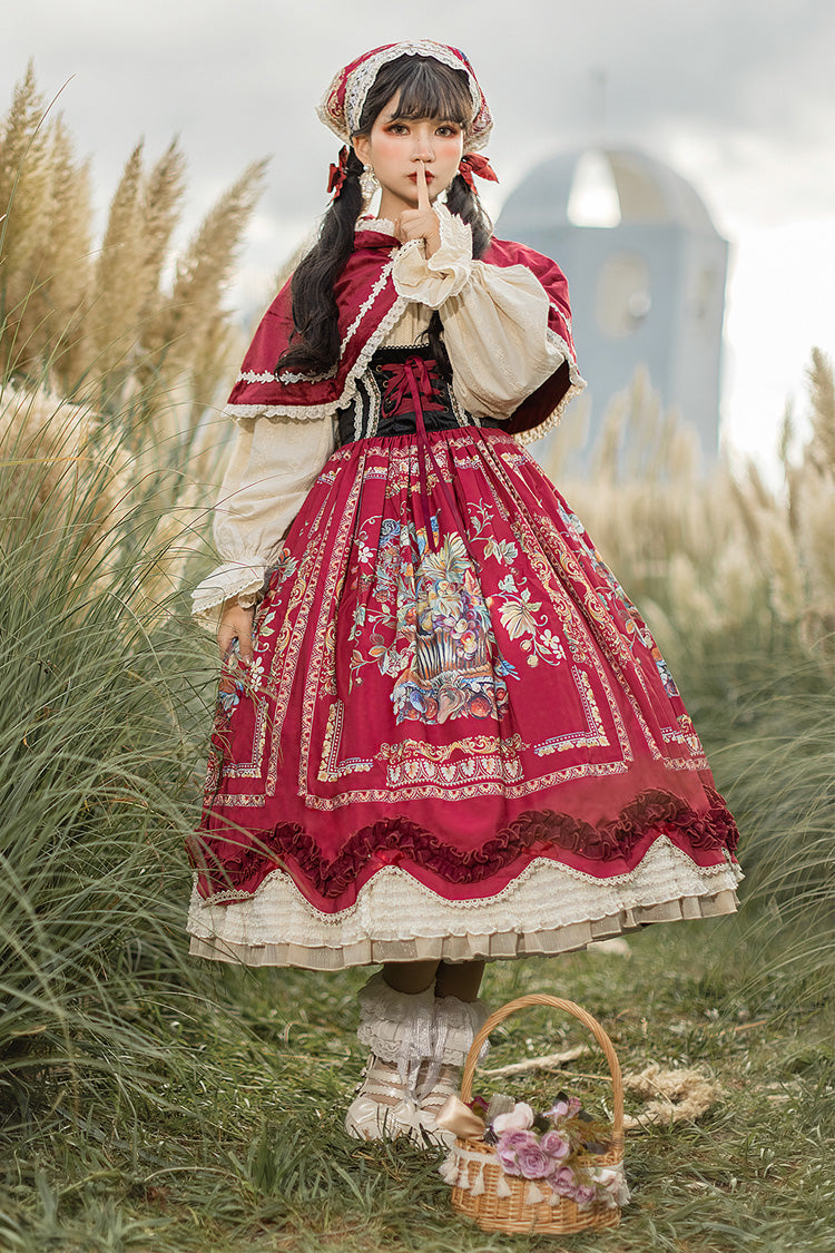 Wine Red [Ode to Plenty] Berries and Birds Print Ruffle Bowknot Velvet Classic Lolita Breast Support Jsk Dress - Red - 1
