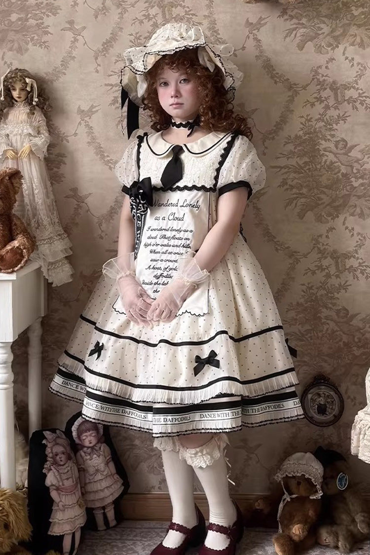 Beige [William Wordsworth’s Lyric Poetry] Doll Collar Polka Dots Printed Lace Sweet Princess Lolita Dress - Product - 5