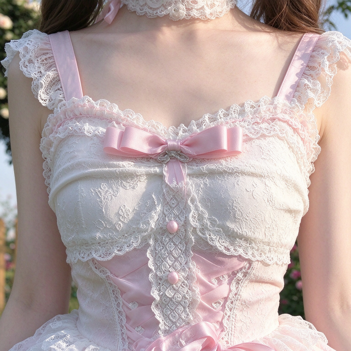 Pink and Light Blue Ruffled Lace Strap Dress with Bow Accent - view 7