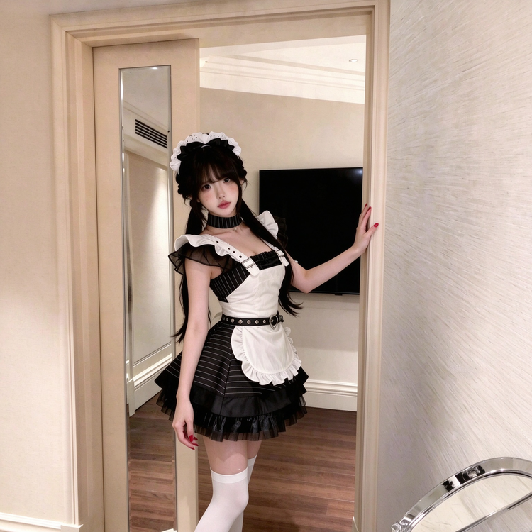 Black and White Striped Ruffled Lolita Dress with Belt Accent 商品画像
