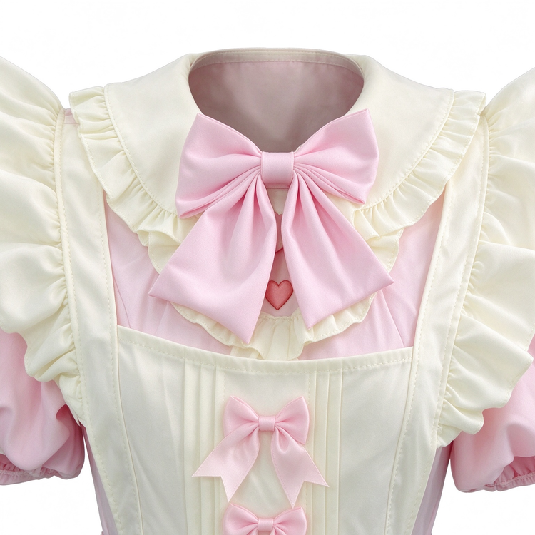 Pink and White Lace Sweet Maid Lolita Dress Set with Heart Bows - view 4