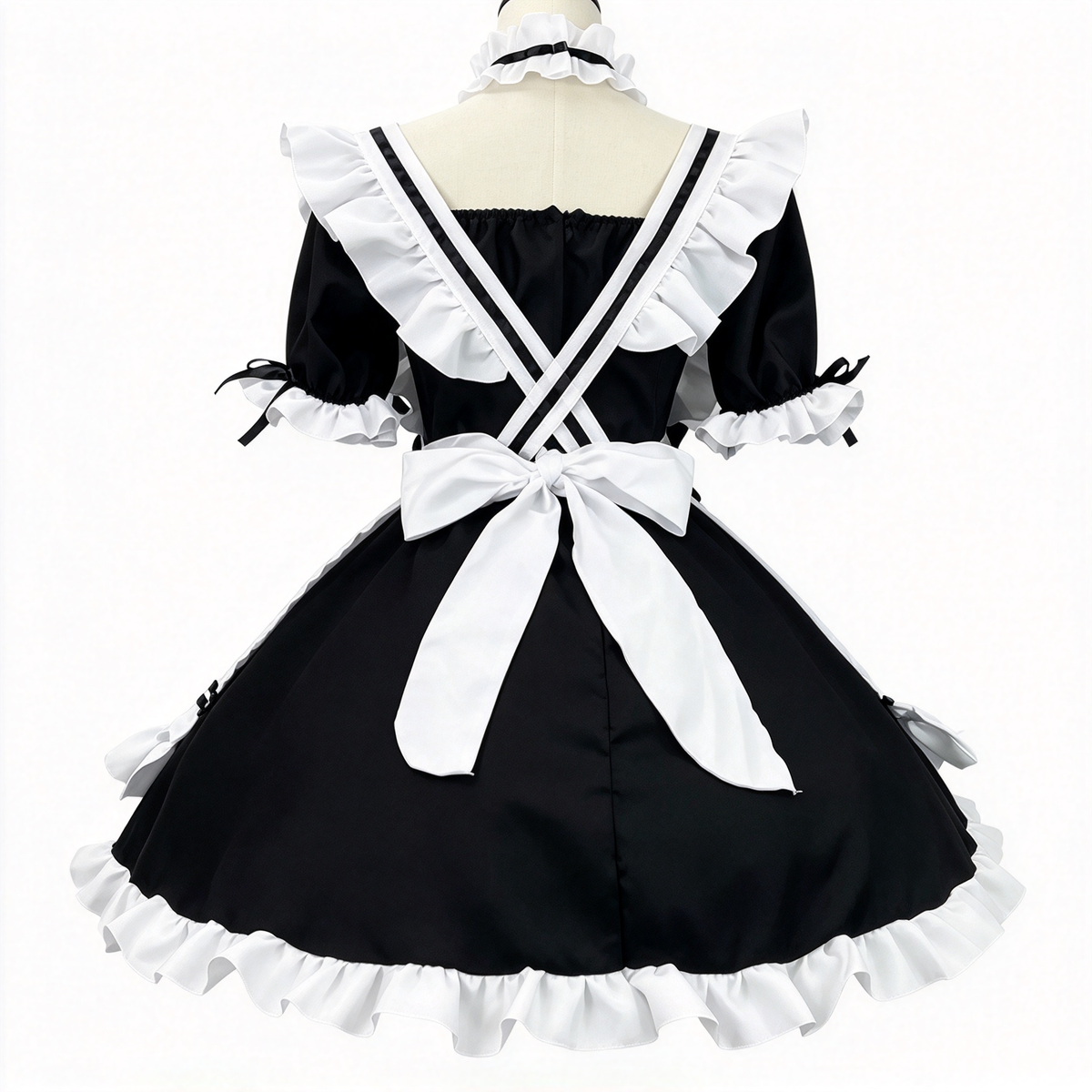 Pink and Black Ruffled Maid Lolita Dress with Apron Bow Accent - view 6