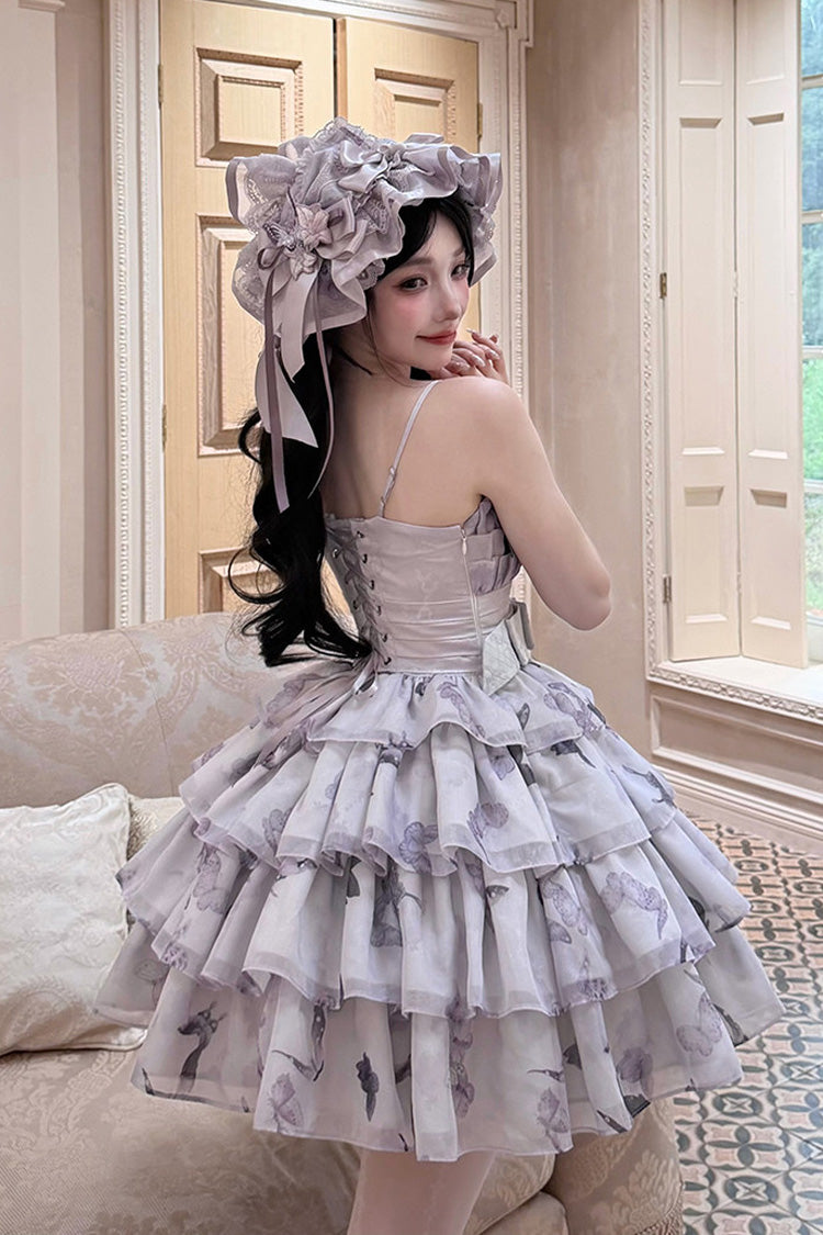 [Stained Glass Dream] Square Collar Sleeveless High Waisted Multi-Layered Printed Ruffled Bow Gothic Lolita Jsk Dress 2 Colors(Black/Purple, White/Purple) - Product - 7