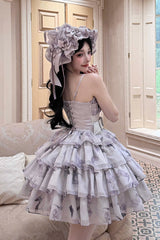 [Stained Glass Dream] Square Collar Sleeveless High Waisted Multi-Layered Printed Ruffled Bow Gothic Lolita Jsk Dress 2 Colors(Black/Purple, White/Purple) - Product - 7