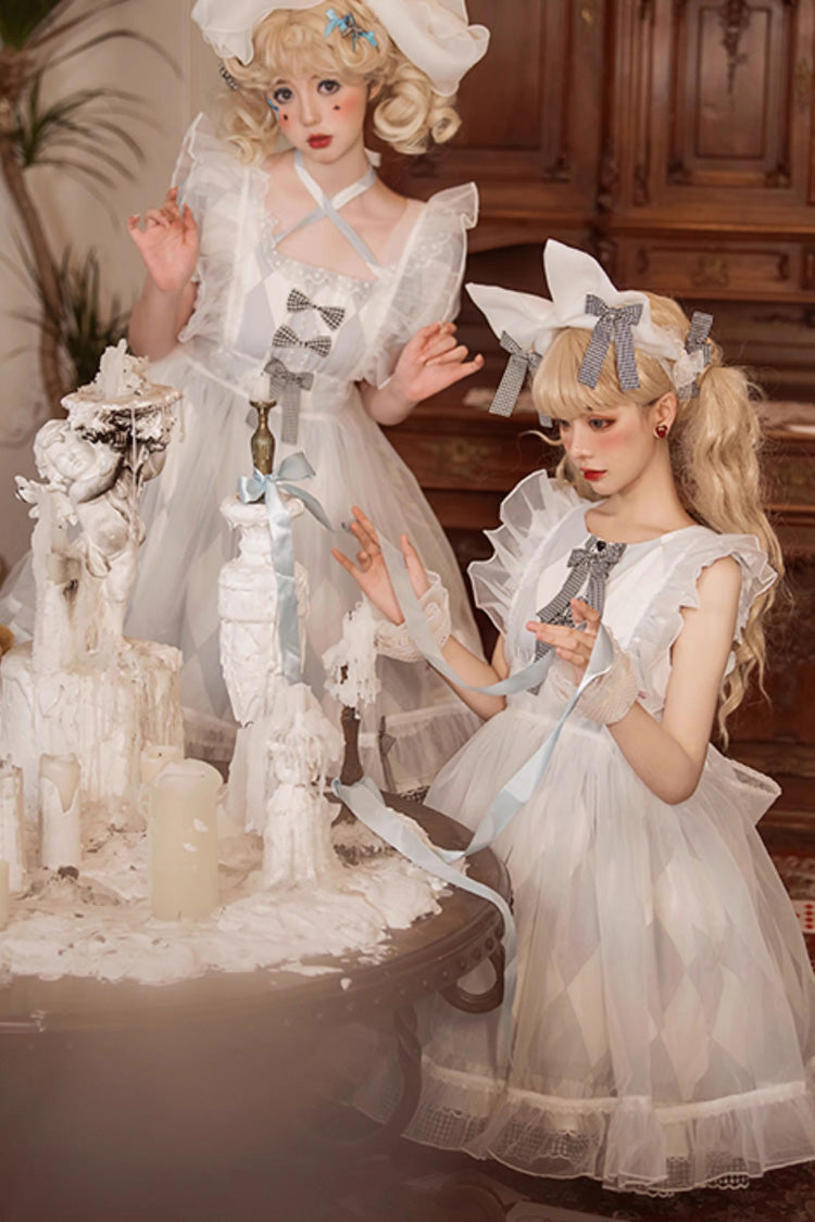White/Blue Short Sleeves Diamond Plaid Print Bowknot Alice Sweet Lolita Dress - Product - 5