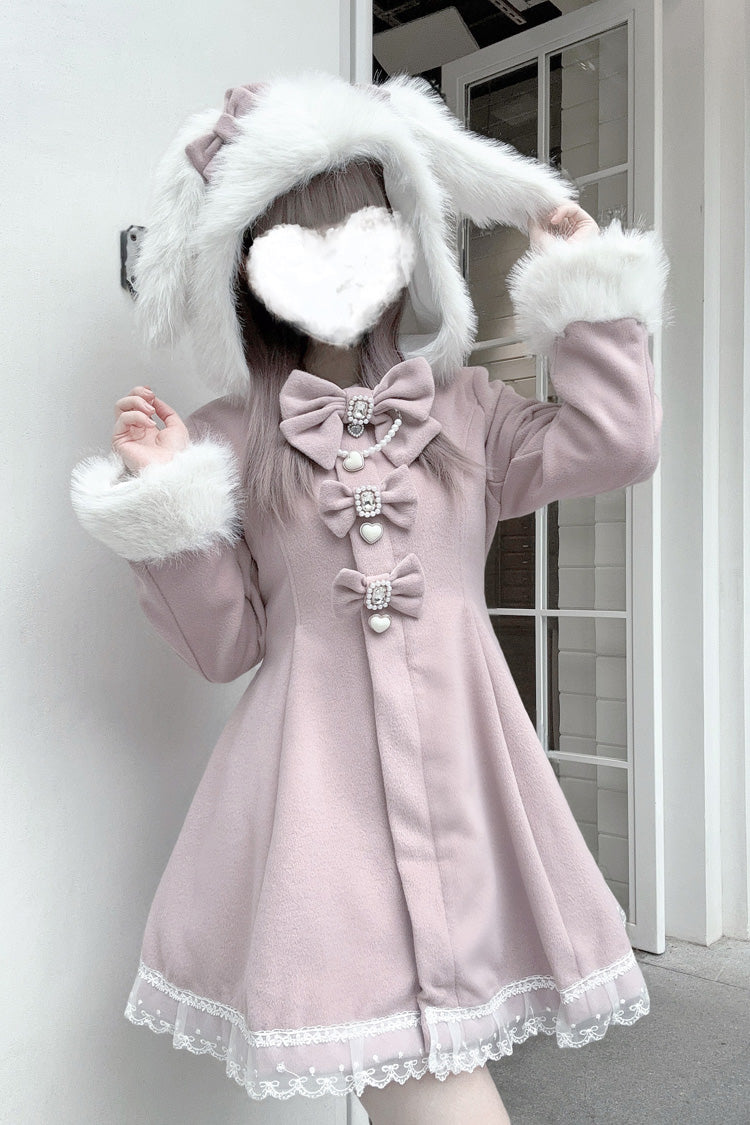Pink Long Sleeves Bowknot Rabbit Ears Detachable Hooded Japanese Jirai Kei Coat - Product - 4