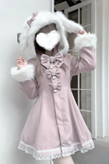 Pink Long Sleeves Bowknot Rabbit Ears Detachable Hooded Japanese Jirai Kei Coat - Product - 4
