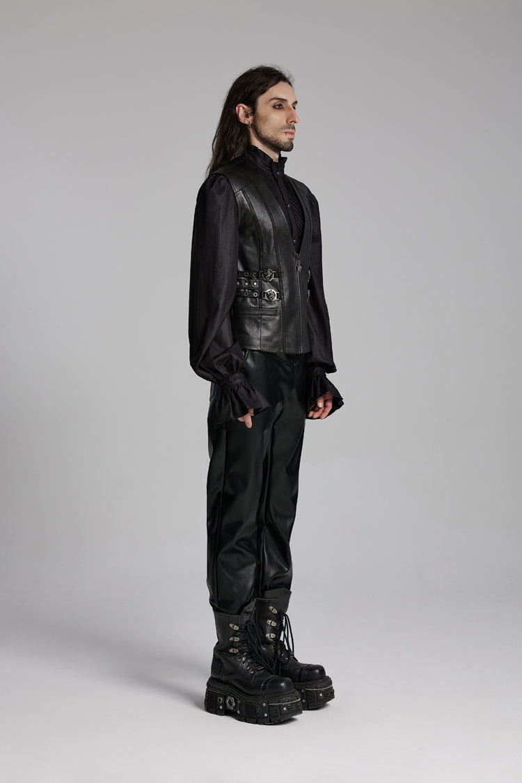 Black V Collar Sleeveless Buckle-up Zip Men's Gothic Vest - Product - 2