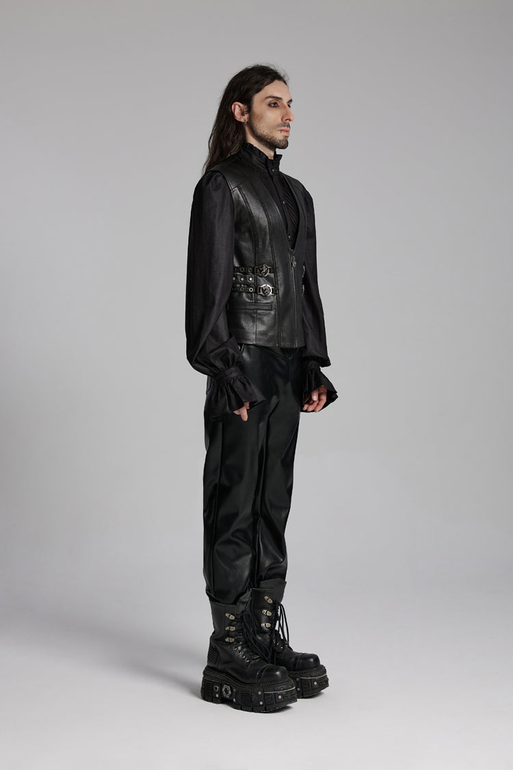 Black V Collar Sleeveless Buckle-up Zip Men's Gothic Vest - Product - 2