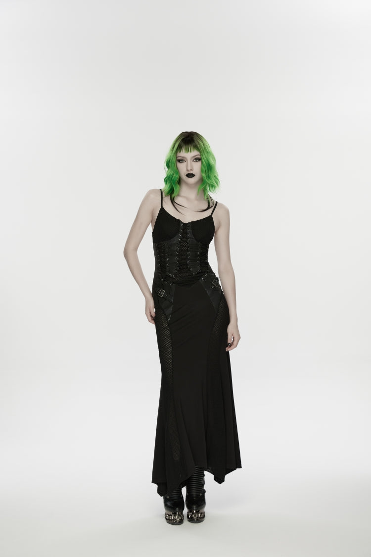 Black Lace-Up Buckled Eyelet Women's Punk Jsk Dress - Black - 5