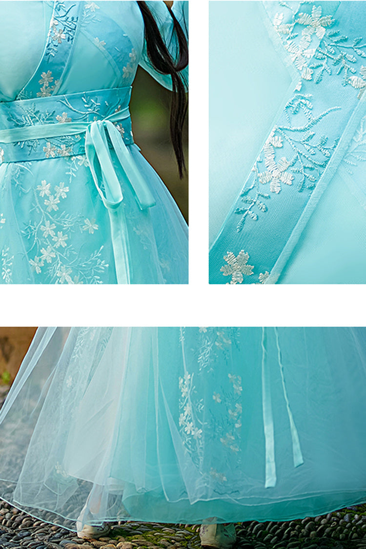 Green Fairy Airy Spring Flower Embroidery Sweet Hanfu Dress - Product - 5