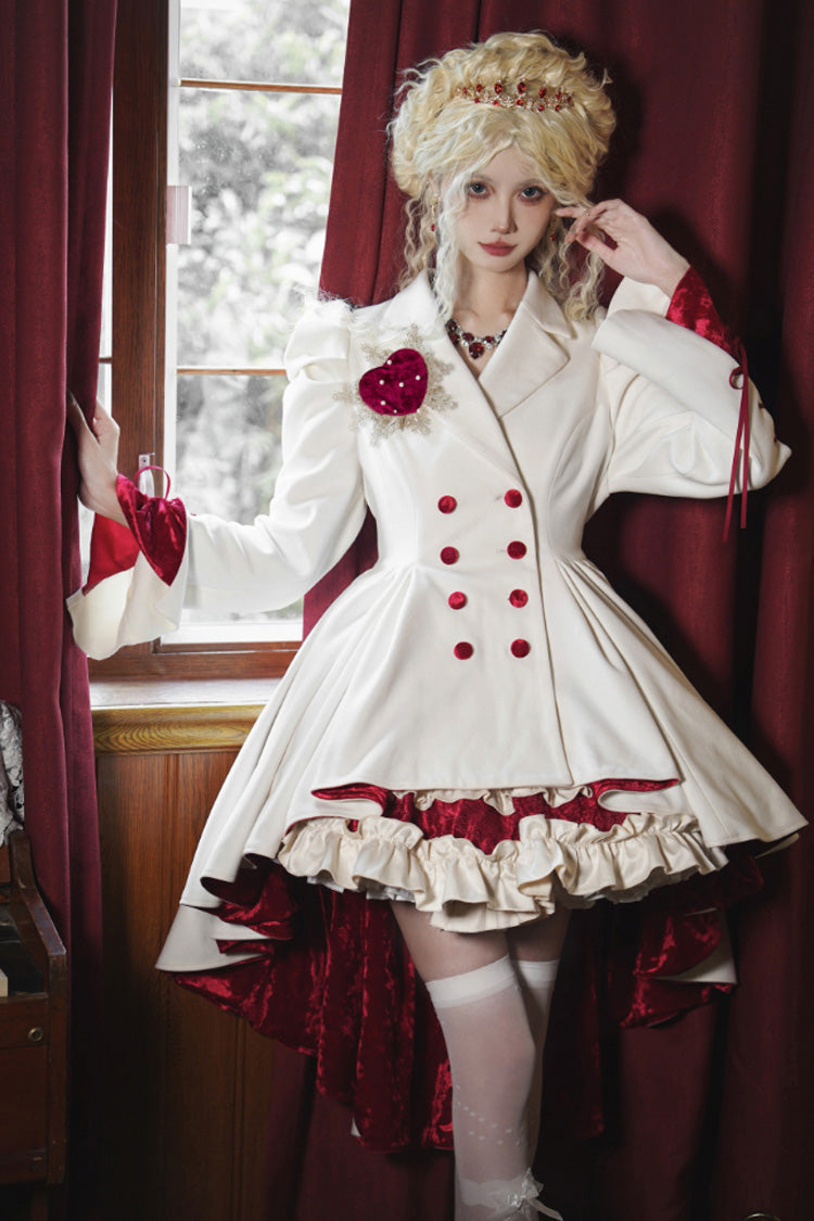 White Double-breasted Short Front and Long Back Irregular Gothic Lolita Coat - White - 1