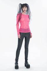 Red Elasticity High Neck Long Sleeve Mesh Women's Gothic T-Shirt - Product - 3