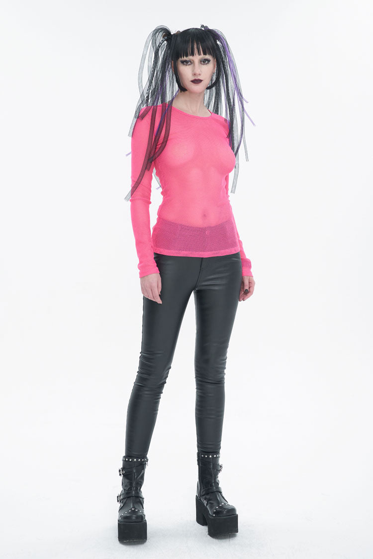 Red Elasticity High Neck Long Sleeve Mesh Women's Gothic T-Shirt - Product - 3