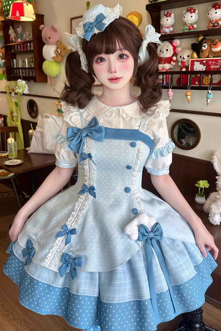 Blue [Glass Bottle] Square Collar Sleeveless Triple-Layered Printed Ruffled Bow Asymmetric Sweet Lolita Jsk Dress - Product - 3