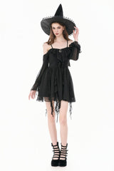 Black Moon Charm Off Shoulder Long Puff Bishop Sleeves Layered Ruffled Hem Women's Gothic Slip Dress - Black - 1