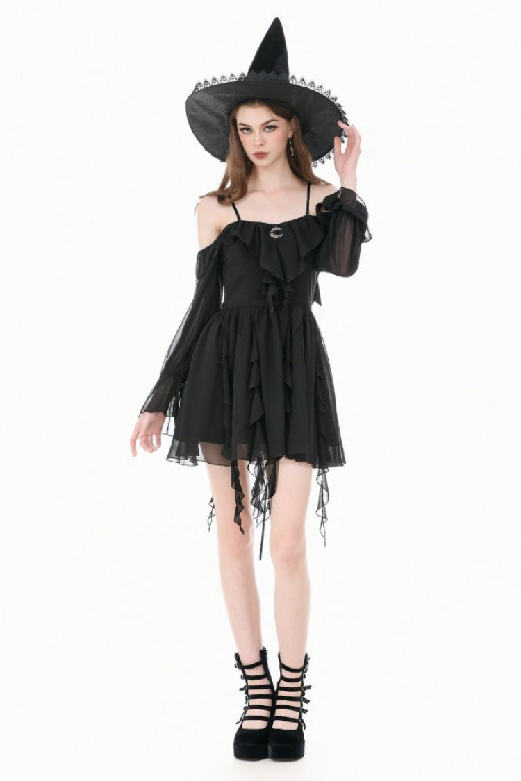 Black Moon Charm Off Shoulder Long Puff Bishop Sleeves Layered Ruffled Hem Women's Gothic Slip Dress - Black - 1