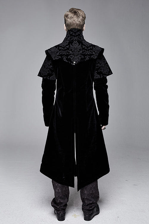 Black Hand Embroidered Cape Collar Velveteen Gothic Mens Coat - Product - 3