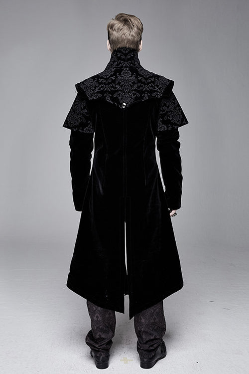 Black Hand Embroidered Cape Collar Velveteen Gothic Mens Coat - Product - 3