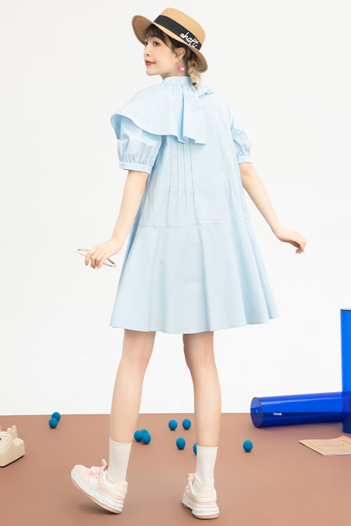 Blue Irregular Ruffled Round Collar Bubble Short Sleeves Waist With Flower Accessories High Waisted Sweet Lolita Dress - Product - 5