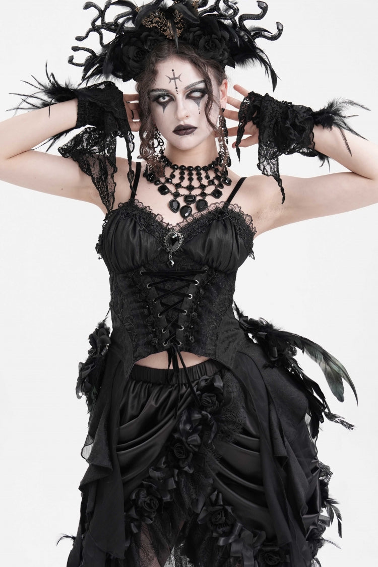 Black Lace Lace-Up Women's Gothic Overbust Corset - Black - 1
