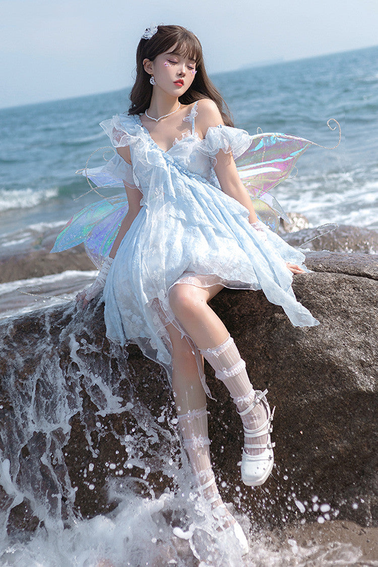 Blue [Summer of Bubbles] Sleeveless Ruffle Embroidery Lace Irregular Short Sweet Lolita Jsk Dress - Product - 6