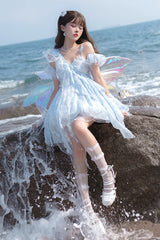 Blue [Summer of Bubbles] Sleeveless Ruffle Embroidery Lace Irregular Short Sweet Lolita Jsk Dress - Product - 6