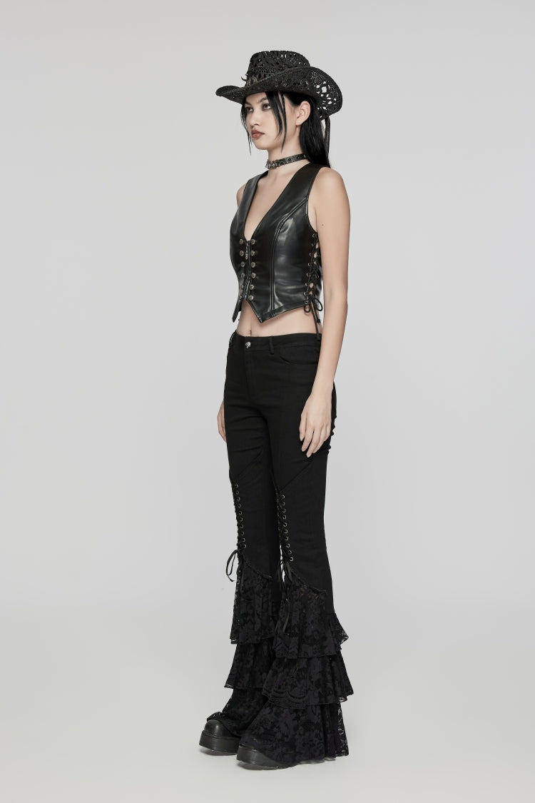 Black Lace-Up Slim Zippered Women's Punk Cool Faux Leather Vest - Product - 3