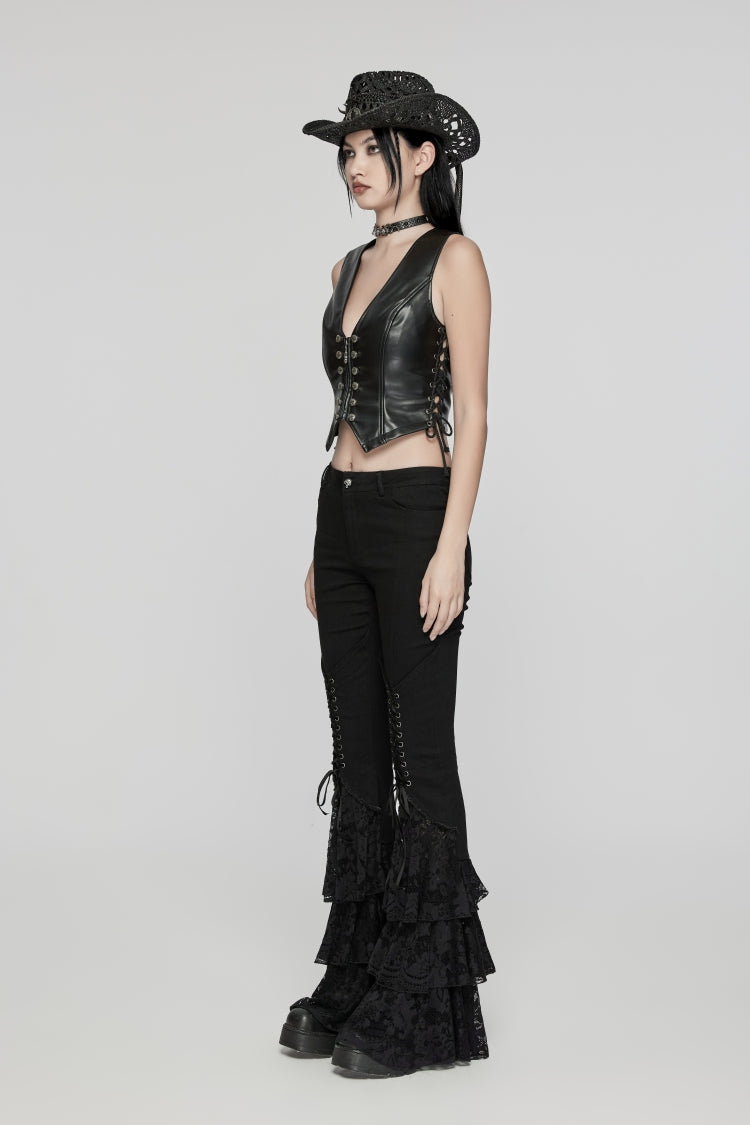 Black Lace-Up Slim Zippered Women's Punk Cool Faux Leather Vest - Product - 3