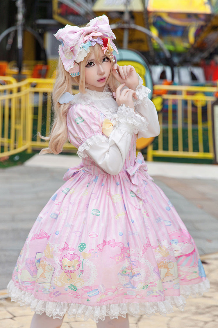 Pink [Macarons Dolly House] Square Collar Short Lantern Sleeves Printed Bow Sweet Lolita Dress - Product - 4