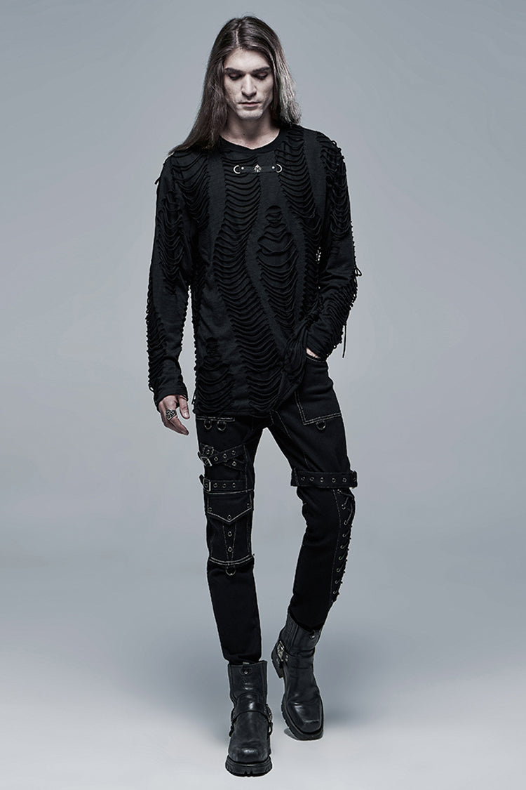 Black Round Collar Long Sleeves Double-Layered Ripped Men's Gothic Blouse - Product - 4