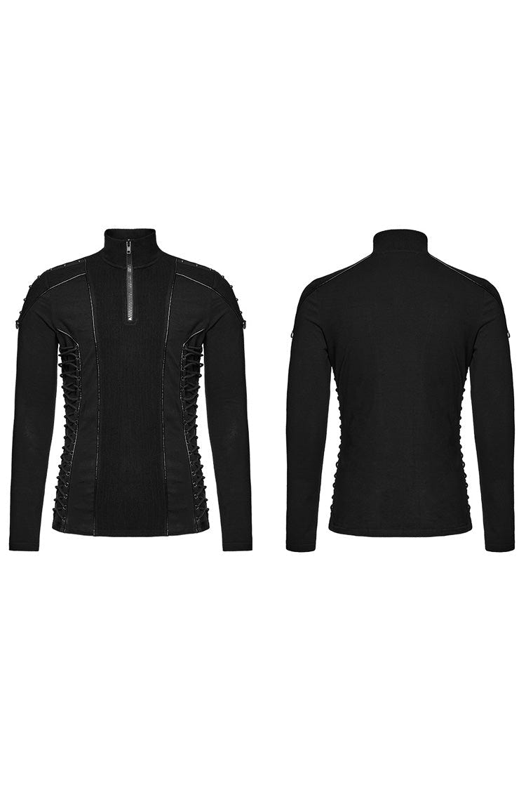 Black Long Sleeves Rivet Zipper Drawstring Men's Punk Blouse - Product - 5