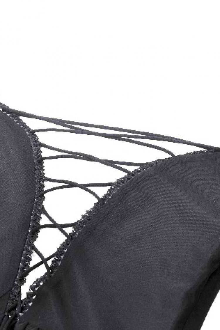 Black Off Shoulder Boat Neck Multi-Layered Long Trumpet Sleeves Lace Spliced Tulle Lace-Up Women's Gothic Fantasy Dress - Product - 16