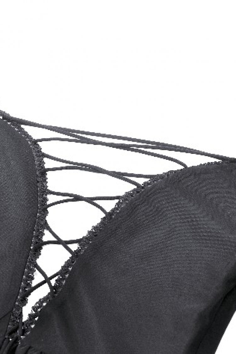 Black Off Shoulder Boat Neck Multi-Layered Long Trumpet Sleeves Lace Spliced Tulle Lace-Up Women's Gothic Fantasy Dress - Product - 16
