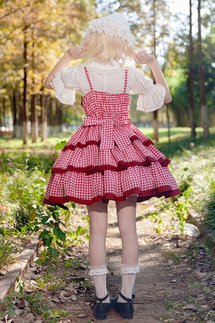 Red [Cloth Cat] Triple-Layered Plaid Print Ruffle Bowknot Sweet Lolita Dress - Product - 7