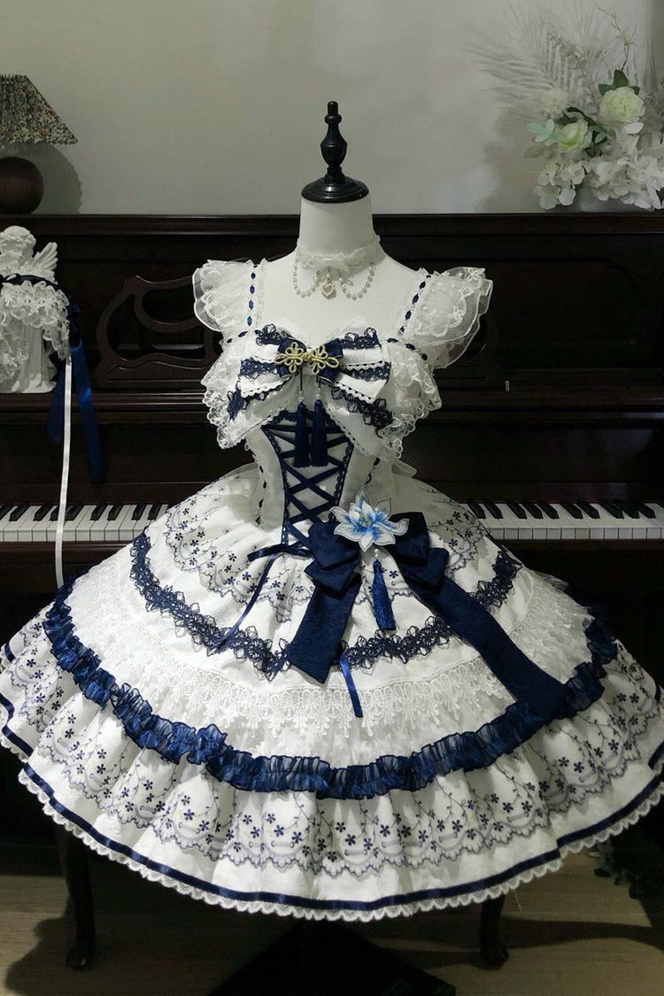 White/Blue [Mandarin Duck Rhapsody] Sleeveless Porcelain Printed Ruffled Bow Lace Chinese Style Sweet Lolita Jsk Dress - White/Blue - 1