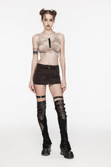 Brown Patchwork Slim Fit Mesh Zippered Eyelet Women's Punk Cool Skirt - Product - 8
