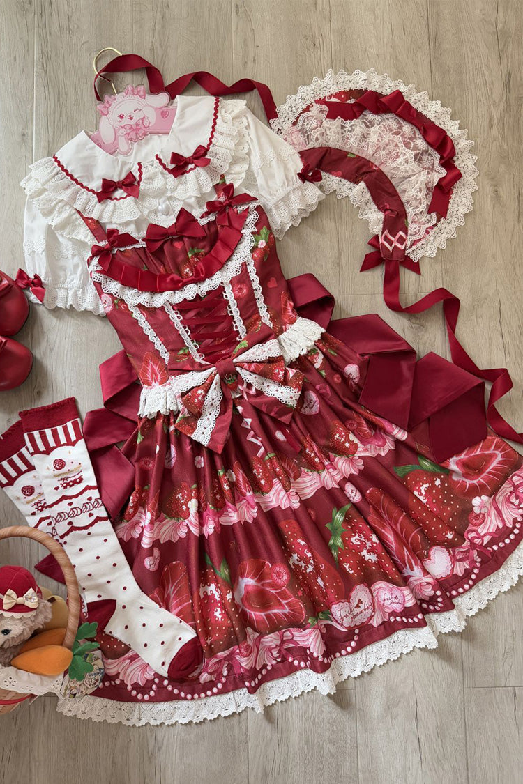 [Sweet Berry Tale] Strawberry Print Ruffle Bowknot Lace Sweet Lolita Jsk Dress 4 Colors - Product - 8